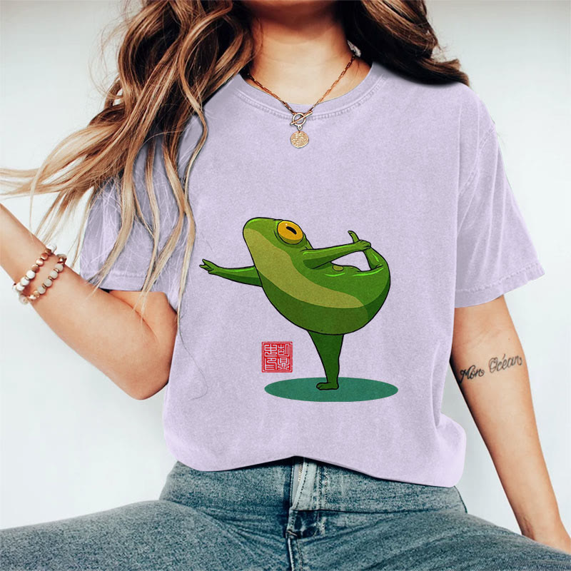 100% Cotton Funny Frog Yoga Art Print Casual T-shirt - Purple - 2XL - image 9