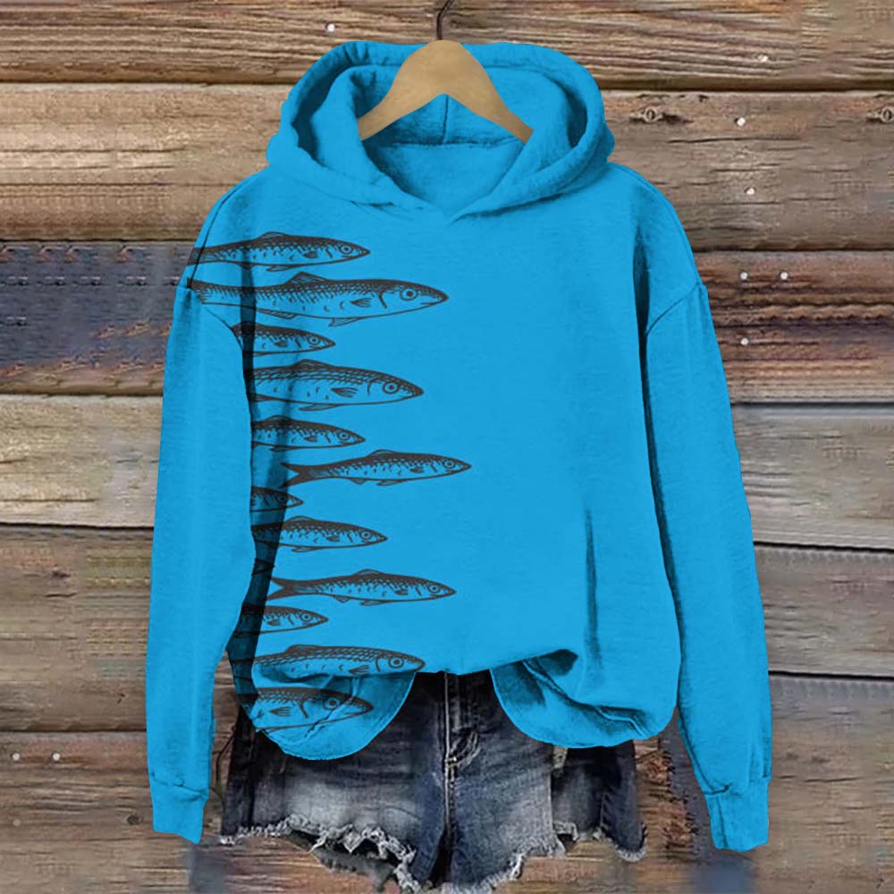 Retro Japanese Style Fish Print Long Sleeve Hoodie - Blue - 8XL - image 1