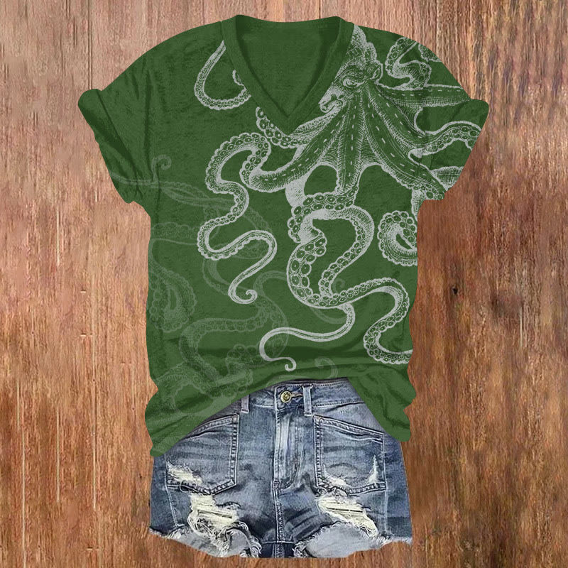 Ocean Octopus Sketch Art Pattern Print Short Sleeved V-neck T-shirt - Green - US32-34(5XL) - image 3