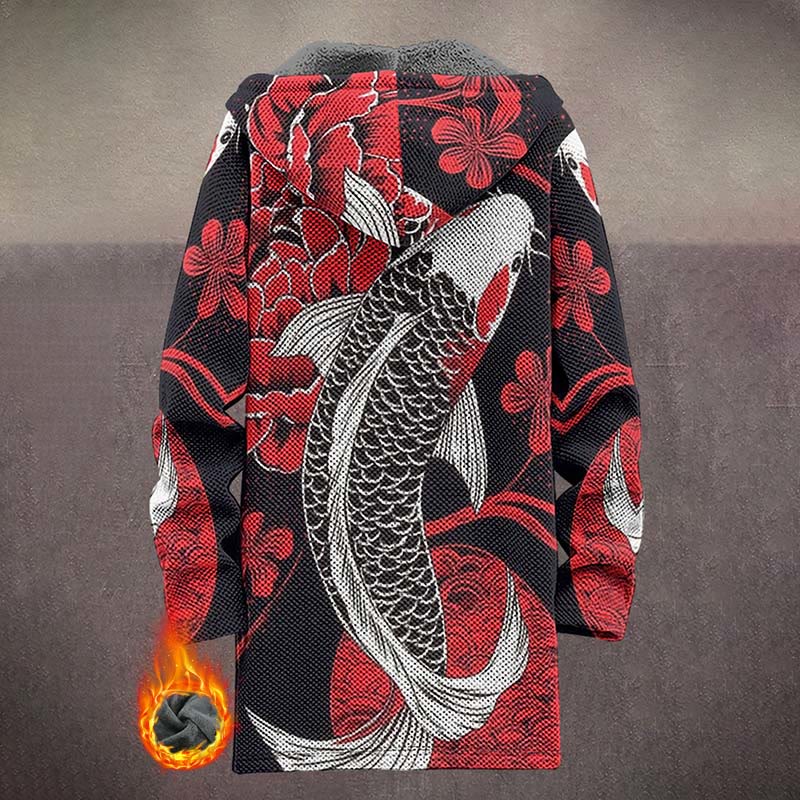 Japanese Red Sakura And Ink Koi Fish Print Unisex Plush Thick Long-sleeved Fleece Jacket Coat - image 3