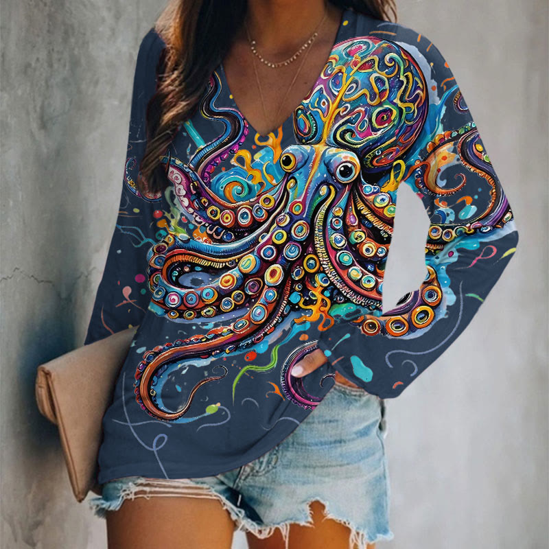 Vintage Rainbow Octopus Art Print Long Sleeve T-shirt - Blue - 5XL - image 3