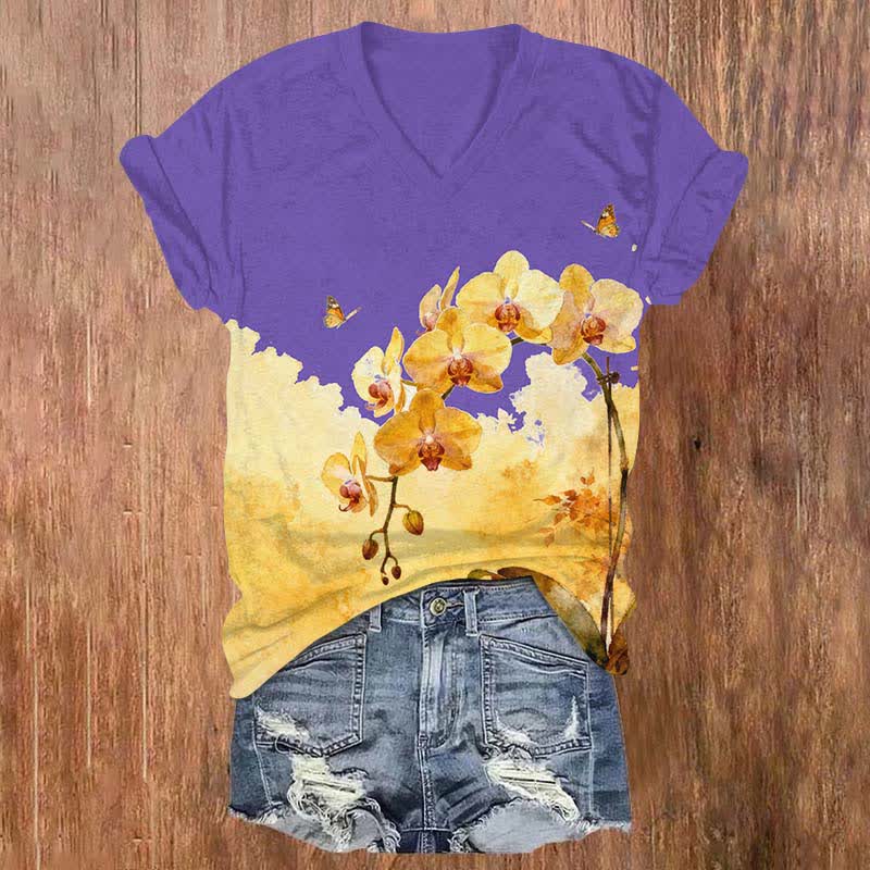 Vintage Yellow Phalaenopsis Art Print V-neck T-shirt - Purple - US32-34(5XL) - image 4