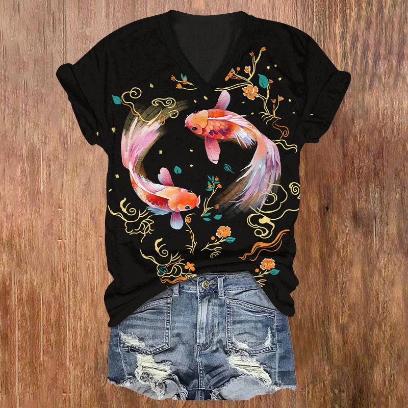 Japanese Fantasy Koi Fish Floral Art T-shirt - Black - US32-34(5XL) - image 3