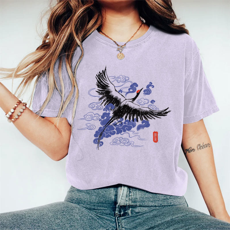 100% Cotton Women's  Japanese Elegant Crane & Cloud Art Print Casual T-shirt - Purple - 2XL - image 4