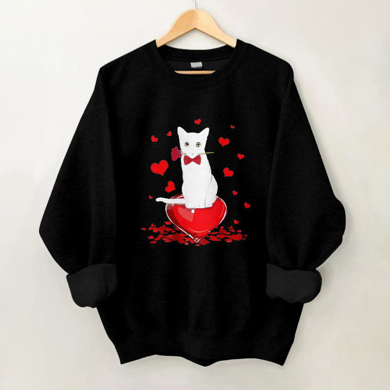 100% Cotton Valentine's Day Cat Hearts Print Crew Neck Sweatshirt - Black - 2XL - image 4