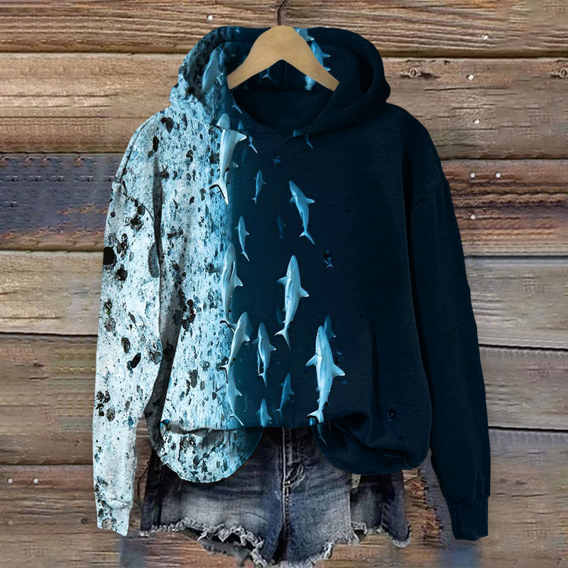 Shark Print Long Sleeve Hoodie - Blue - 8XL - image 1