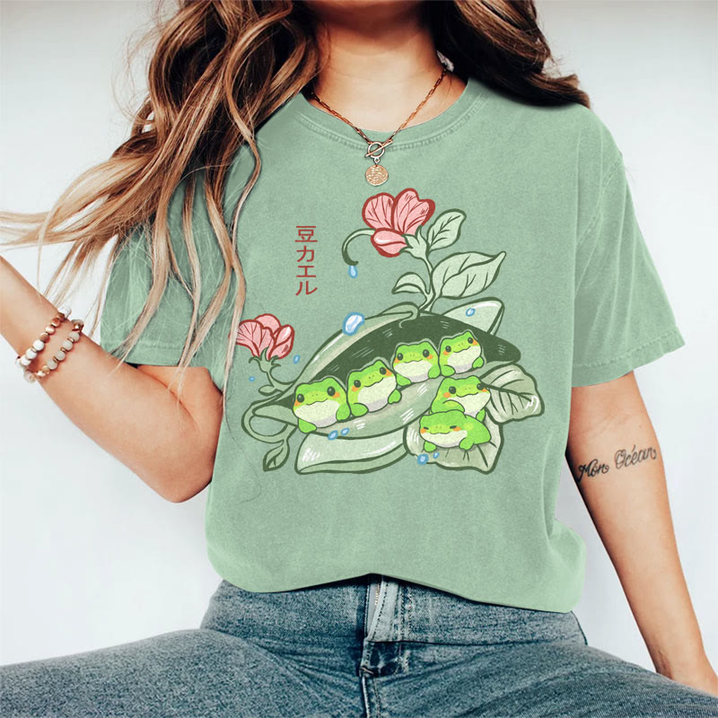 100% Cotton Women's Japanese Funny Frog Pods Art Print Casual T-shirt - Green - 2XL - image 2