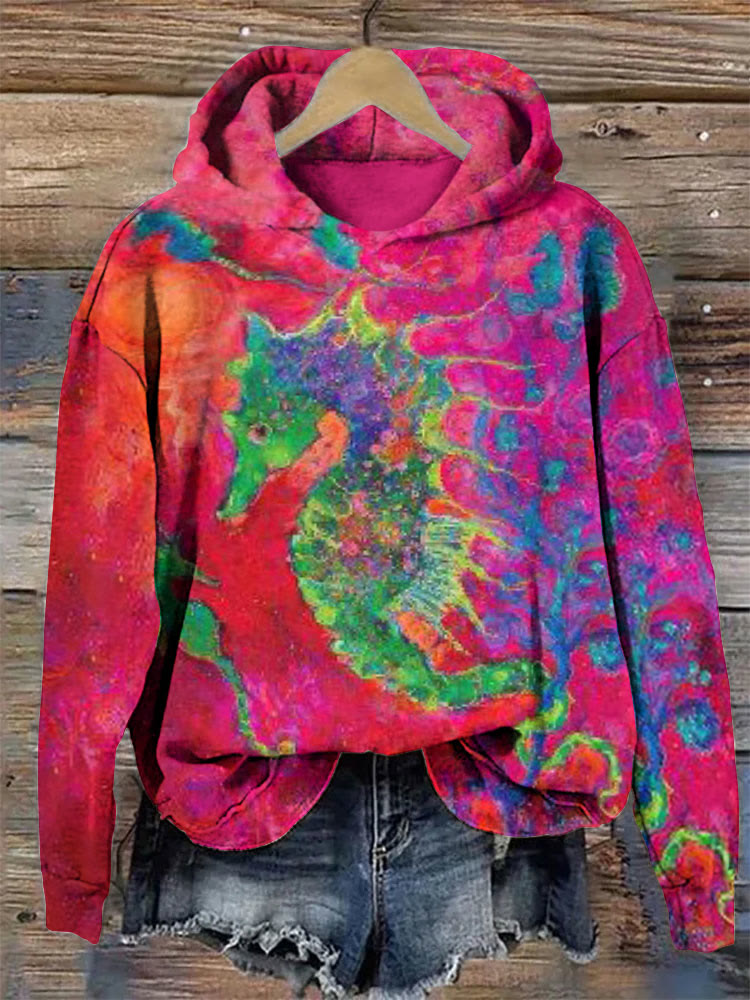 Contrast Color Seahorse Oil Painting Print Hoodie - Rose - 8XL - image 1