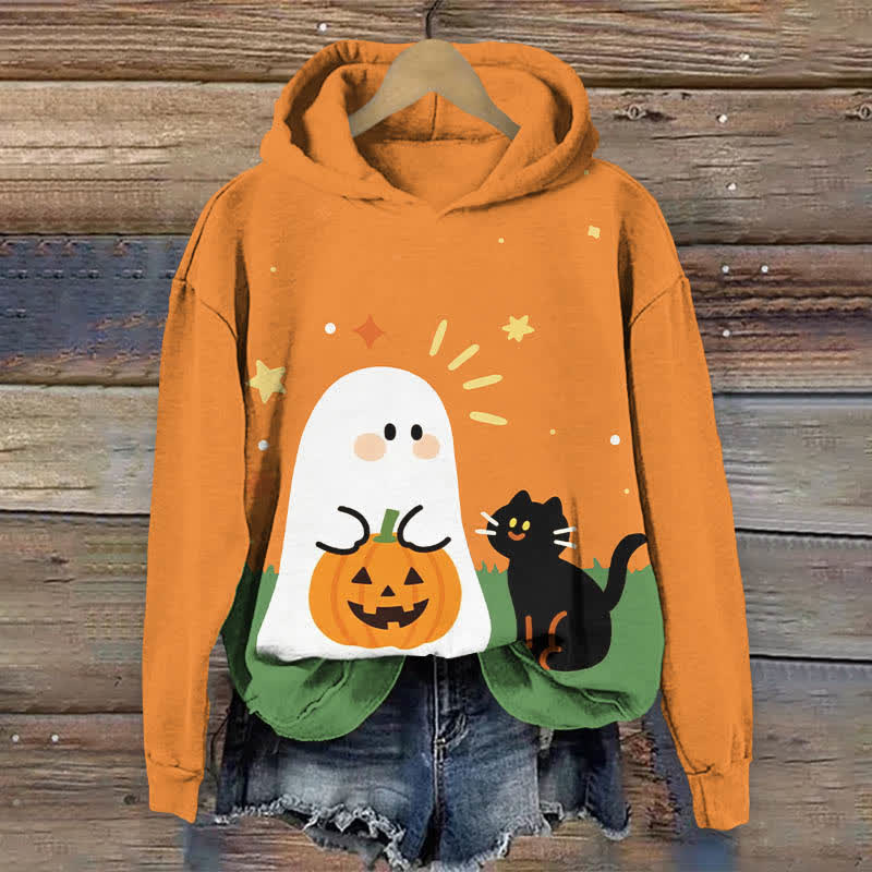 Halloween Cartoon Ghost & Black Cat Print Long Sleeve Hoodie - Orange - US44-46(8XL) - image 4