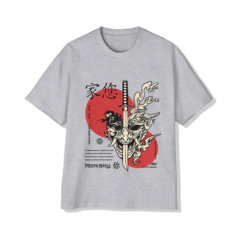 Unisex Japanese  Samurai Demon Mask Pattern Cotton Print T-shirt - Grey - US20-22(3XL) - image 3