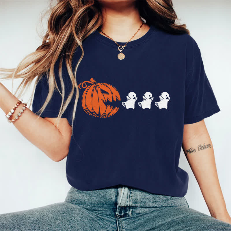 100% Cotton Women's Halloween Creative Pumpkin Eating Ghost Art Print Casual T-shirt - Navy Blue - 2XL - image 8