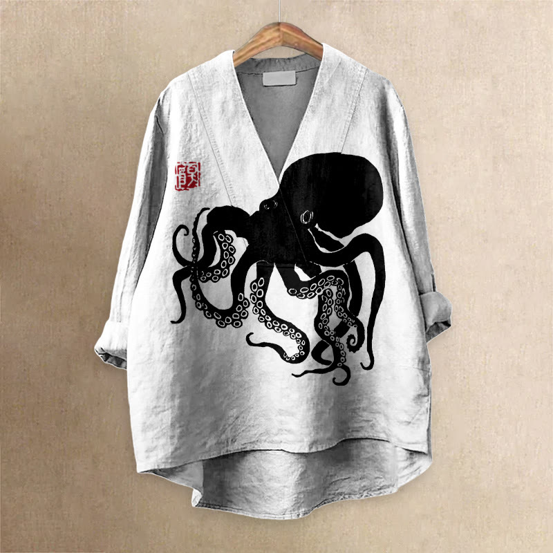 Octopus Japanese Lino Art Print Casual V-neck Blouse - Black - 6XL - image 2