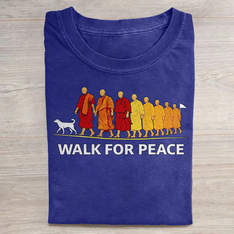 unisex Walk for Peace Monk Pattern Art Print Acid Washed T-shirt - Royal Blue - US20-22(3XL) - image 4