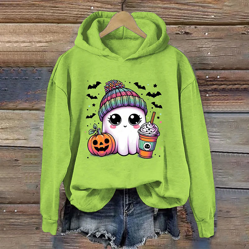 Dashingsoul Cute Ghost Coffee Halloween Print Casual Long Sleeve Hoodie