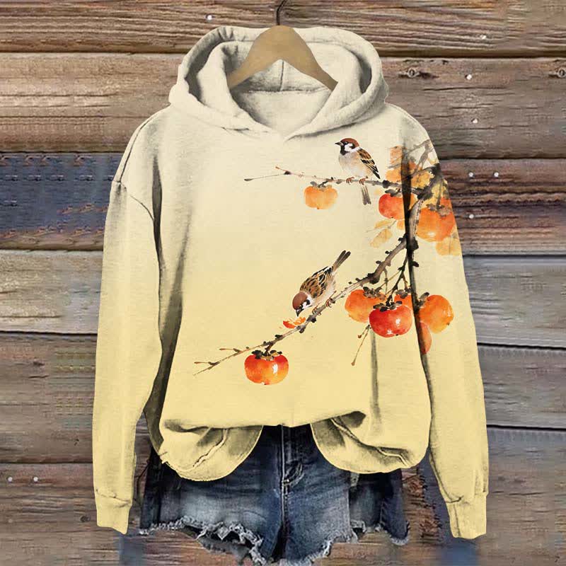 Japanese Cute Bird Eating Persimmon On The Branch Print Long Sleeve Hoodie - Yellow - US44-46(8XL) - image 6