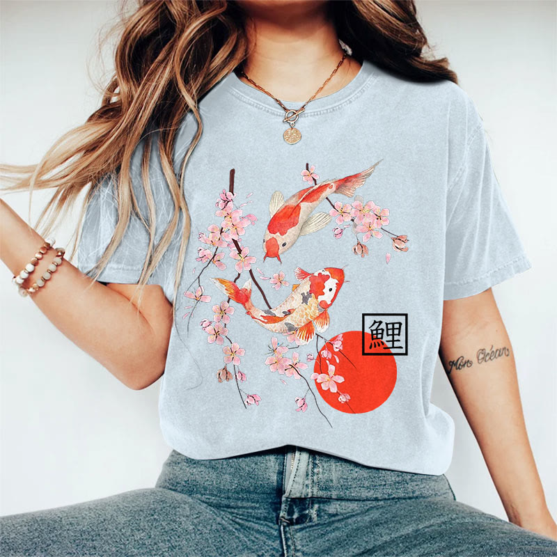100% Cotton Women's Japanese Sakura Koi Carp Art Print Casual T-shirt - Blue - 2XL - image 8
