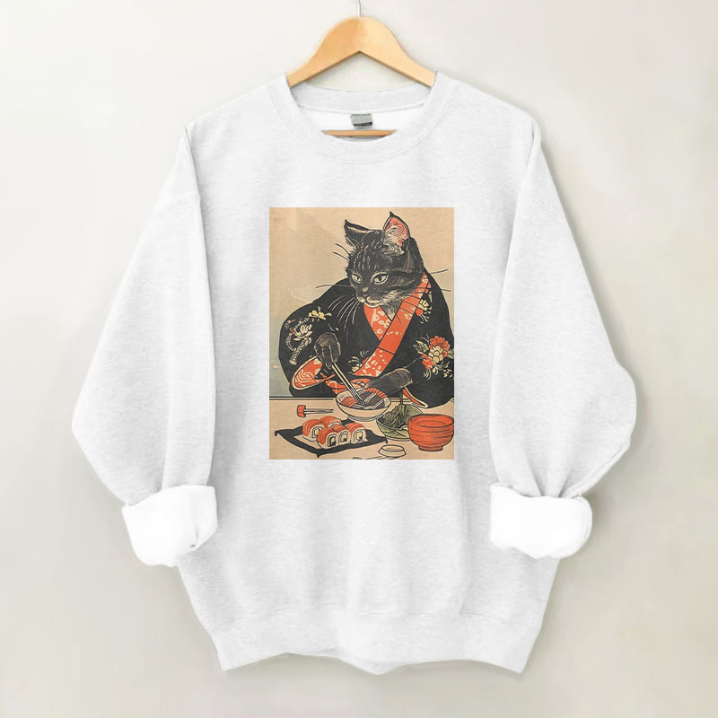 100% Cotton Kimono Cat With Sushi Print Round Neck Casual Fleece Sweatshirt - White - 2XL - image 3