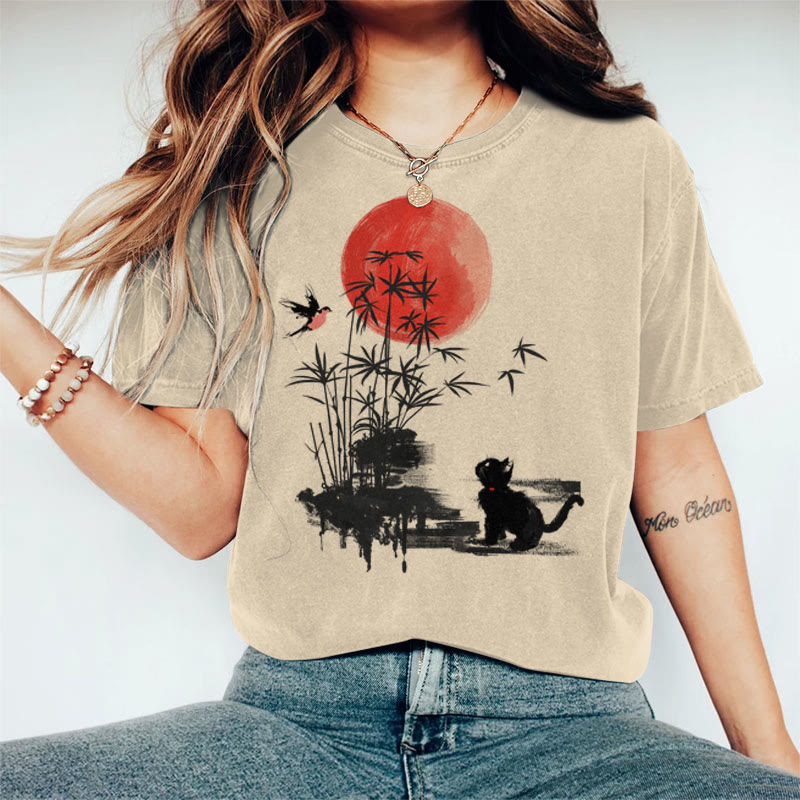100% Cotton Women's Japanese Ink Watercolor Bamboo & Black Cat Art Print Casual T-shirt - Khaki - 2XL - image 4