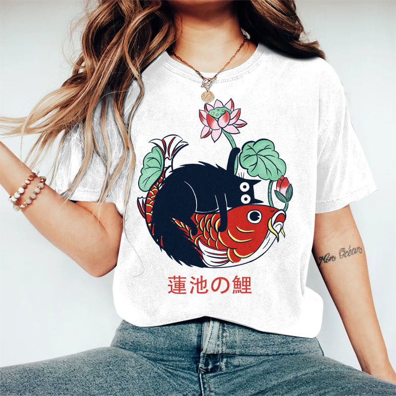 100% Cotton Women's Japanese Lotus Pond Koi & Black Cat Art Print Casual T-shirt - White - 2XL - image 2