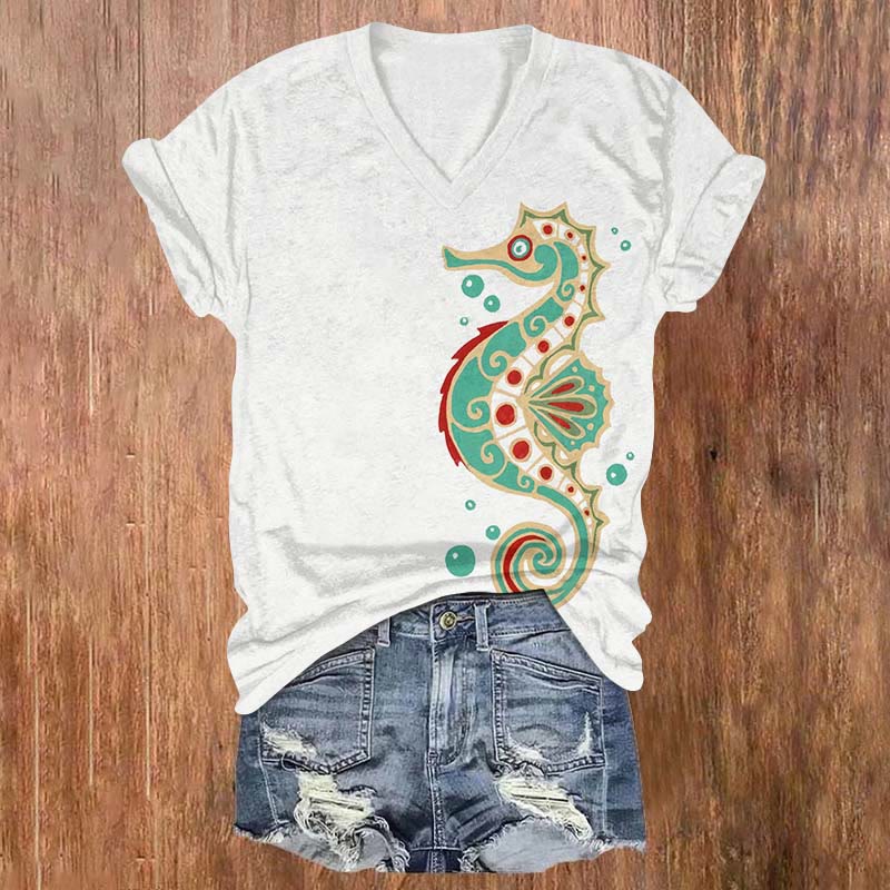 Funny Seahorse Art Print V-neck T-shirt - White - US32-34(5XL) - image 2