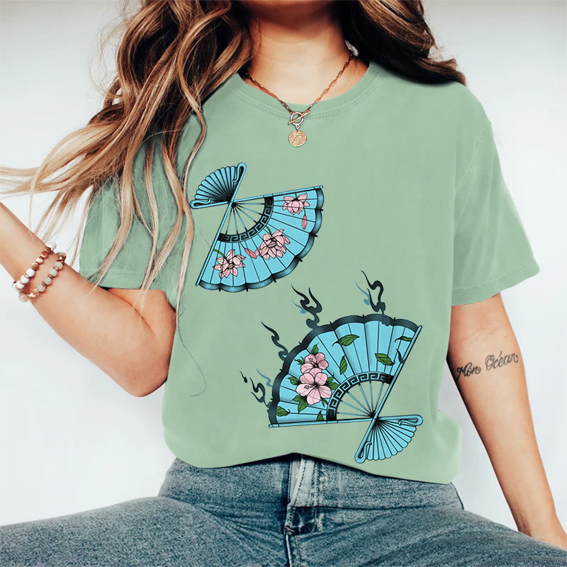 100% Cotton Women's Japanese Style Flower Fan Art Print Casual T-shirt - Green - 2XL - image 3