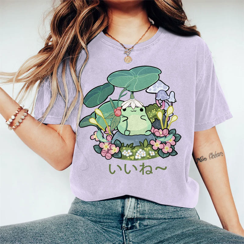 100% Cotton Women's  Japanese Lotus Leaf & Cute Frog Art Print Casual T-shirt - Purple - 2XL - image 4