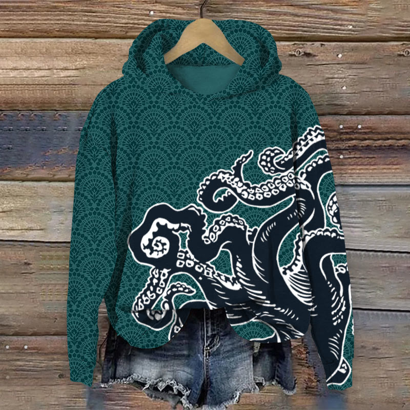 Unisex Ocean Fantasy Octopus Tentacles Pattern Print Long Sleeved Hoodie - Green - US44-46(8XL) - image 5