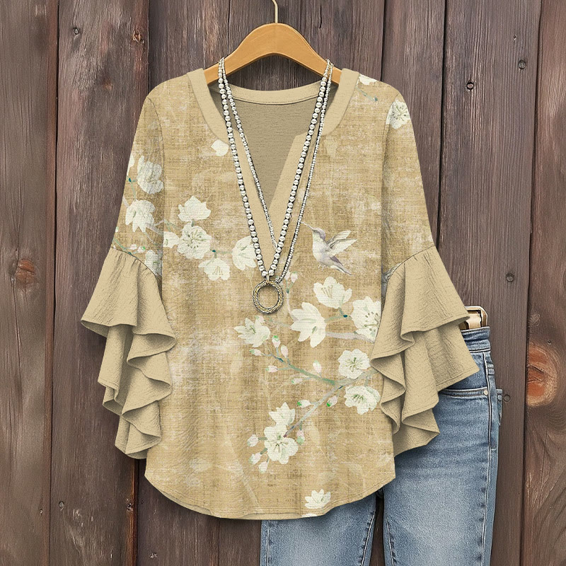 Vintage Japanese cherry blossoms and birds Art Pattern Print V-Neck Half Sleeve Blouse - Khaki - 5XL - image 3