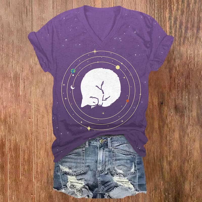 Vintage Planet Sleeping Cat Print V-neck T-shirt - Ombre Purple - US32-34(5XL) - image 8