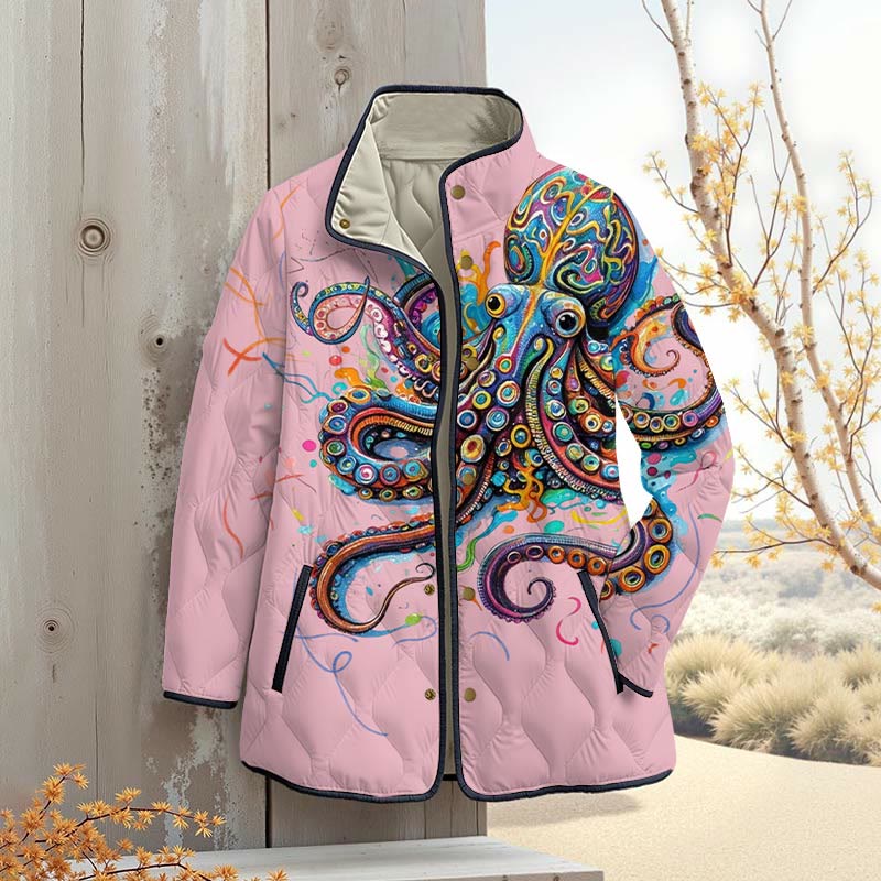 Vintage Rainbow Octopus Art Print Outerwear Jackets - Pink - 4XL - image 4