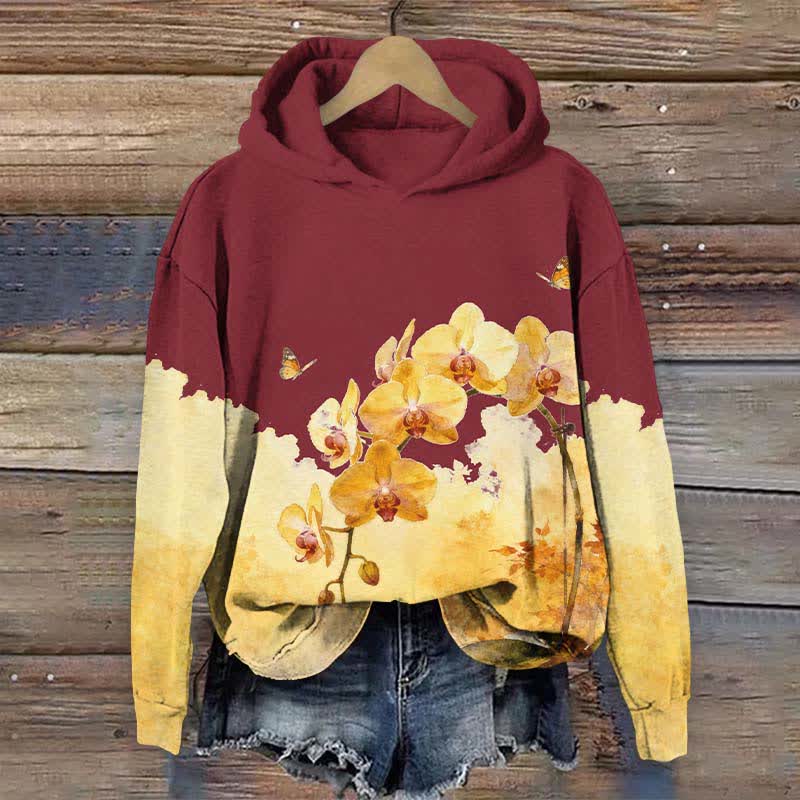 Vintage Yellow Phalaenopsis Art Print Long Sleeve Hoodie - Red - US44-46(8XL) - image 4