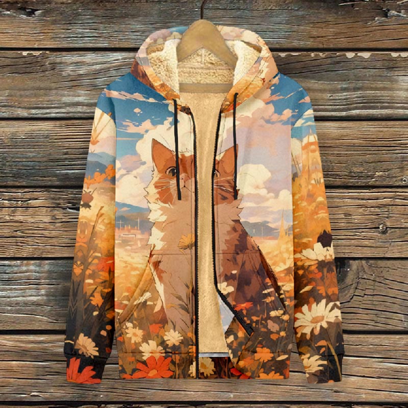 Women's Stunning Movie Scene Of Cat & Floral Art Print Fleece Jacket - image 3