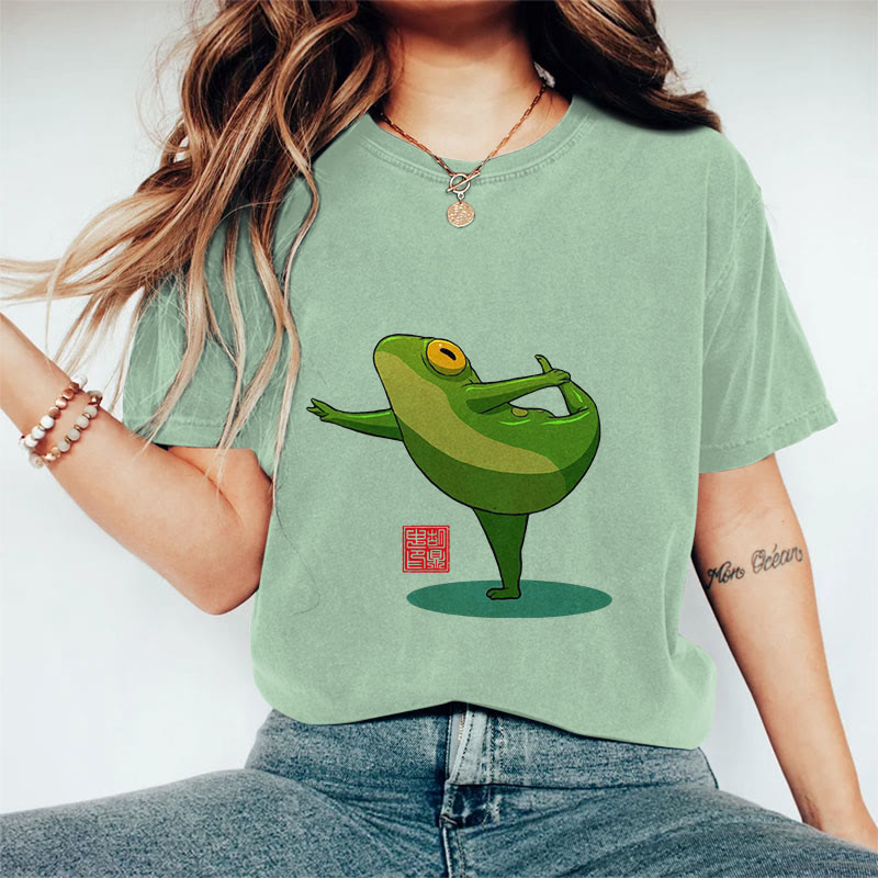 100% Cotton Funny Frog Yoga Art Print Casual T-shirt - Light Green - 2XL - image 6