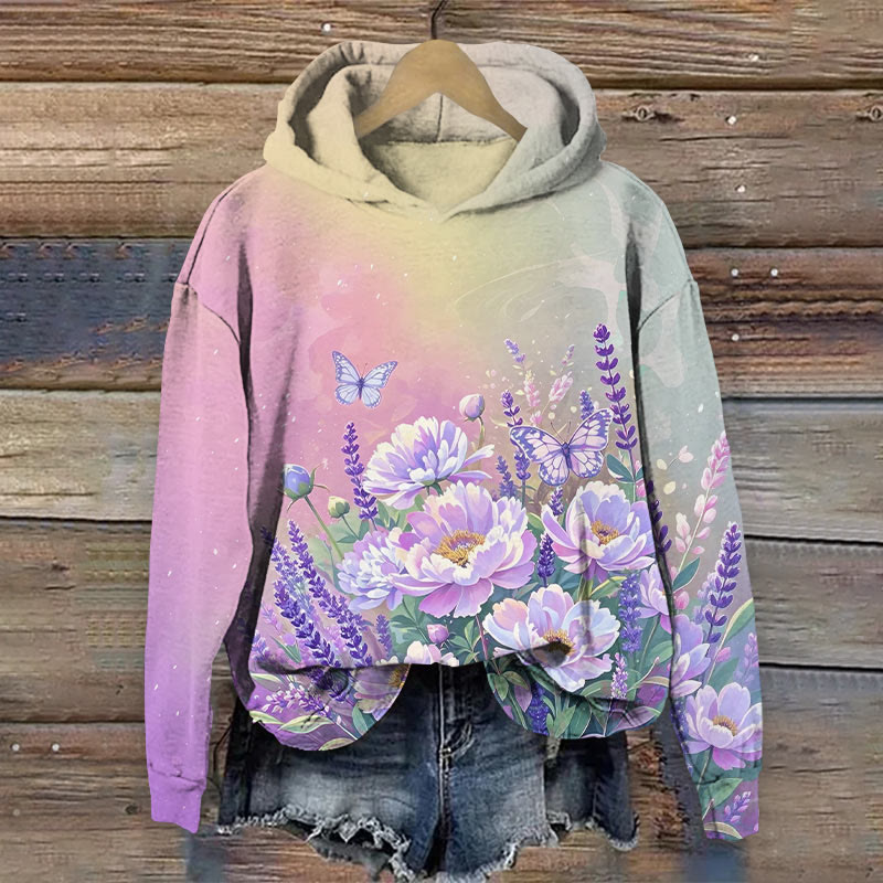 Vintage Ombre Oil Painting Flowers Art Print Long Sleeve Hoodie - Purple - US44-46(8XL) - image 3