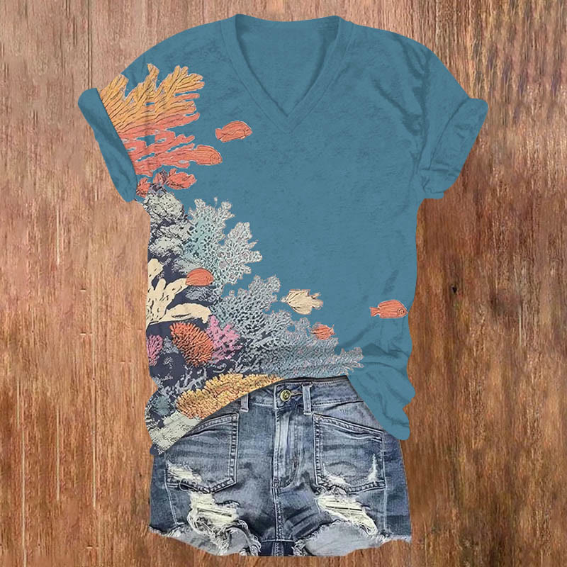 Vintage Marine Plants & Fish Art Print V-neck T-shirt - Lake Blue - US32-34(5XL) - image 6