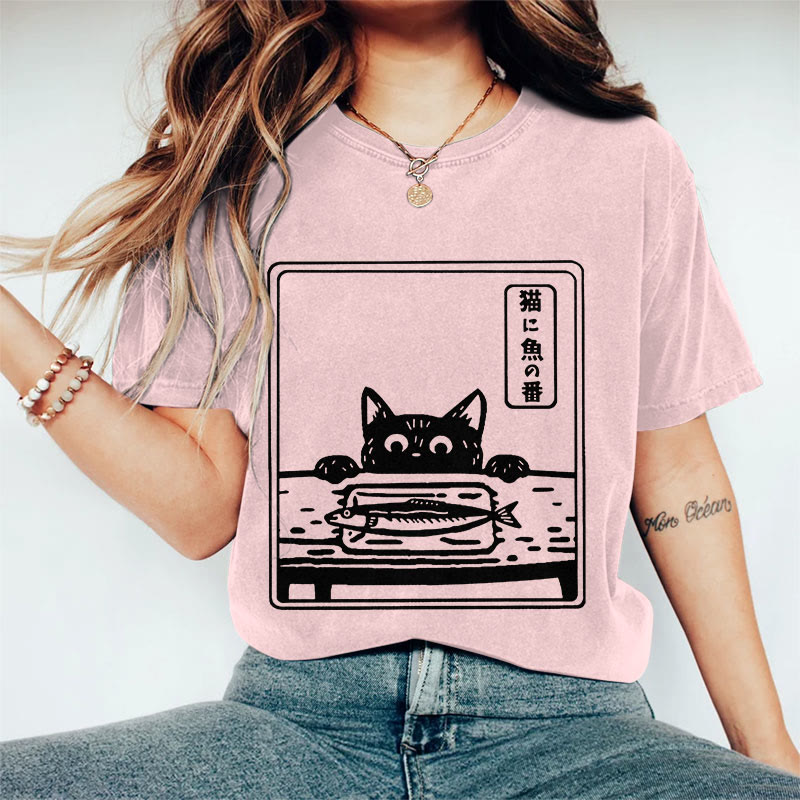 100% Cotton Women's  Japanese Ink Watercolor Cat & Fish Art Print Casual T-shirt - Pink - 2XL - image 7