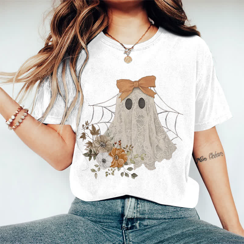 100% Cotton Halloween Funny Floral Bow Ghost Art Print T-shirt - White - 2XL - image 7