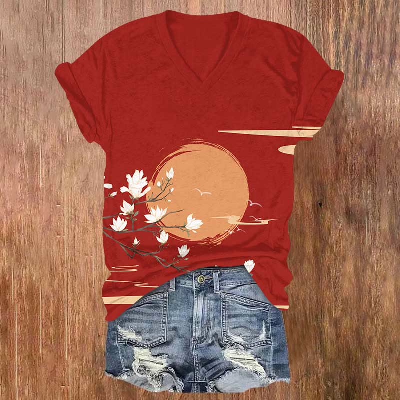 Japanese Sun & Plum Blossom Art Print V-neck T-shirt - Red - US32-34(5XL) - image 3