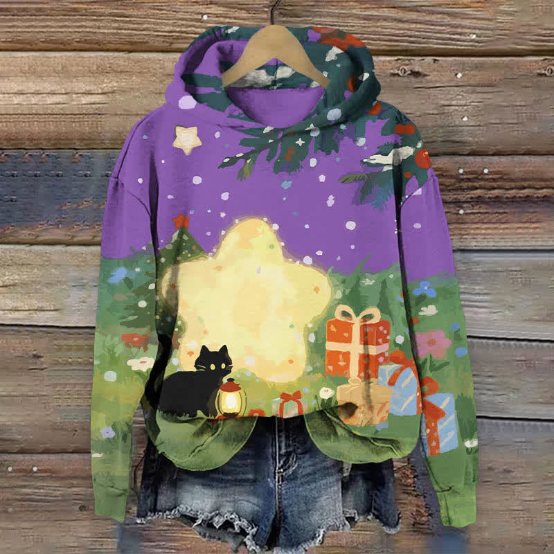 Oil Painting Black Cat Starry Christmas Gift Art Print Long Sleeve Hoodie - Purple - US44-46(8XL) - image 2