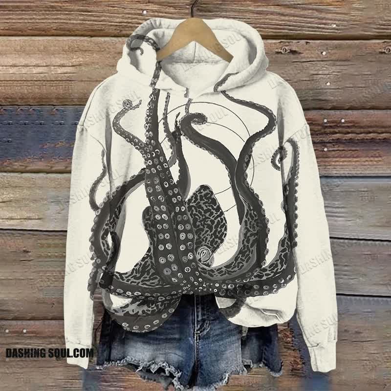 Dark Simple Octopus Art Print Long Sleeve Hoodie