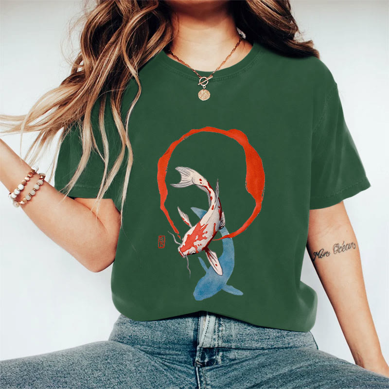 100% Cotton Women's Japanese Watercolor Koi Art Print Casual T-shirt - Green - 2XL - image 5