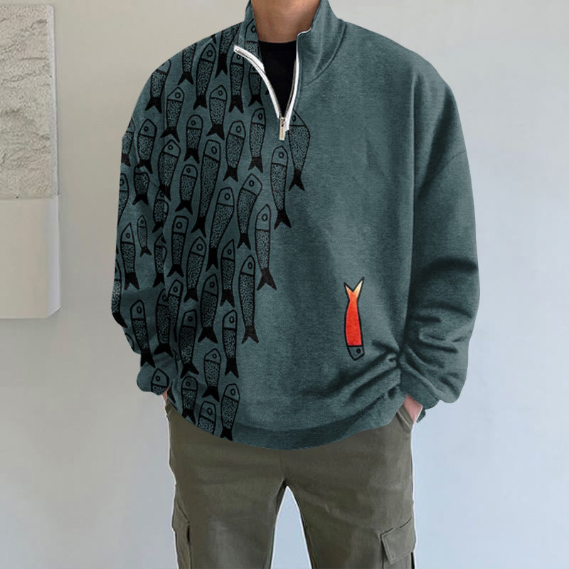 Cute Simple Lines Abstract Geometric Fish Art Print Long Sleeve Zipper Sweatshirt - Dark Green - 5XL - image 4