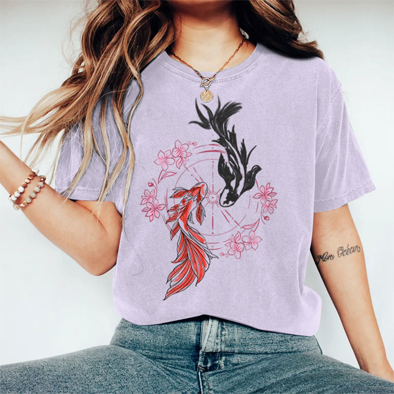 100% Cotton Women's Japanese Sakura Koi Carp Art Print Casual T-shirt - Purple - 2XL - image 4