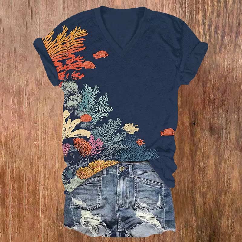 Vintage Marine Plants & Fish Art Print V-neck T-shirt - Navy Blue - US32-34(5XL) - image 5