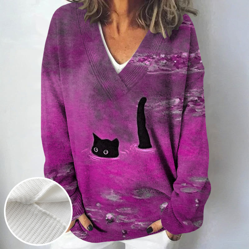 Women's Oil Painting Cat Print Causal V-neck Pullover Sweater - image 7