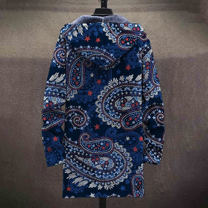 Blue Traditional Tribal Pattern Print Unisex Plush Thick Long-sleeved Fleece Jacket Coat - image 4