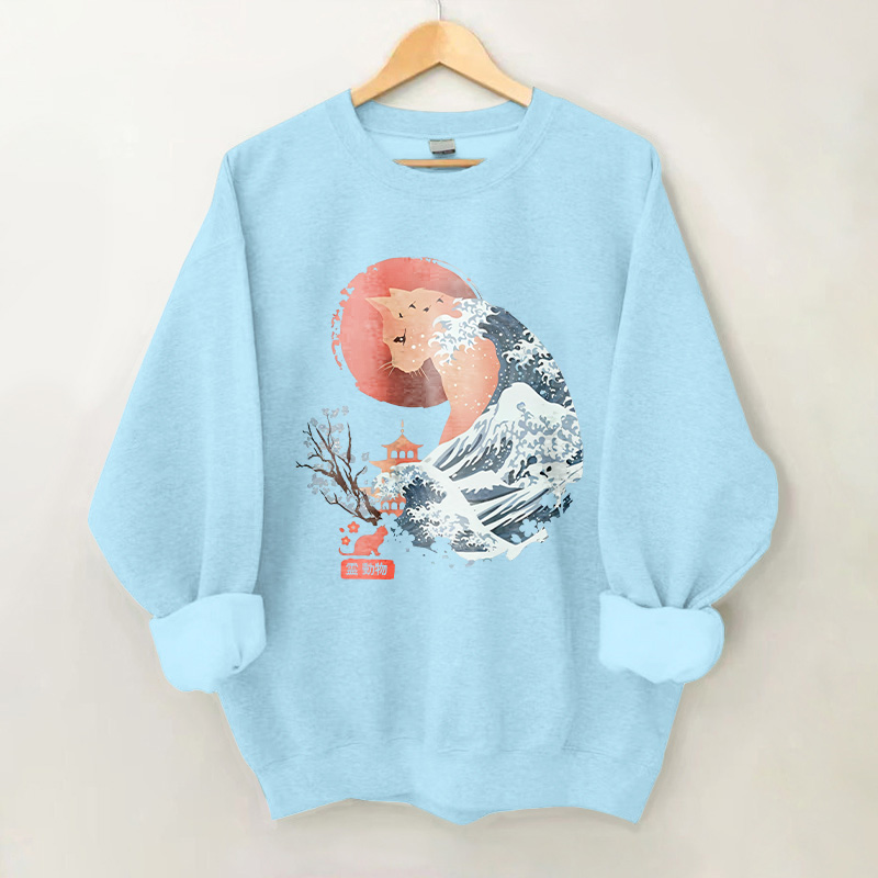 100% Cotton Japanese Style Wave Cat Print Crew Neck Sweatshirt - Blue - 2XL - image 4