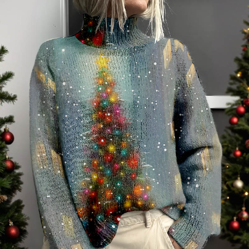 Women's Fantasy Christmas Tree Bulbs Print Turtleneck Pullover Sweater - image 2