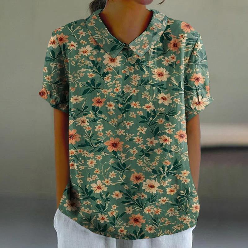 Vintage Small Floral Art Print Casual Lapel Loose Blouse - Green - 6XL - image 1