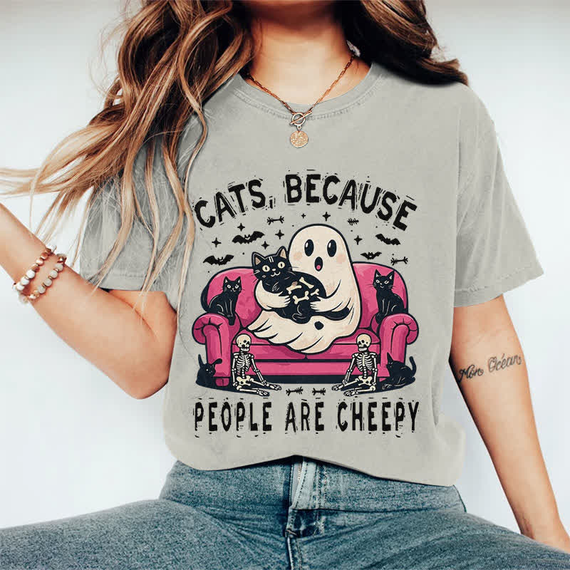100% Cotton Halloween Ghost Holding Cat Print T-shirt - Warm Grey - 2XL - image 6